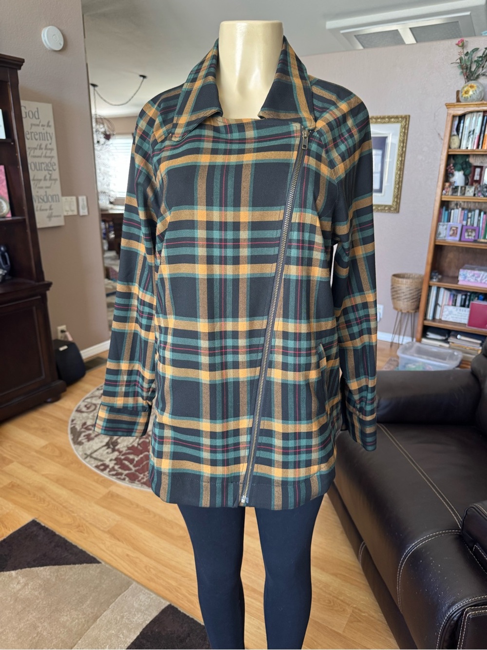 CAbi Plaid Jean Jacket in Green, Yellow, Black & Tan - Picture 4 of 11